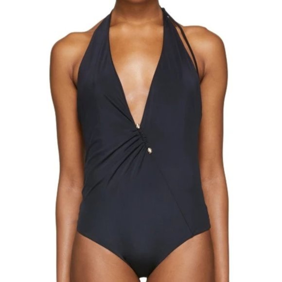 NWT Versace black plunging one piece swimsuit with signature gold tone accent, 4 - Picture 4 of 8